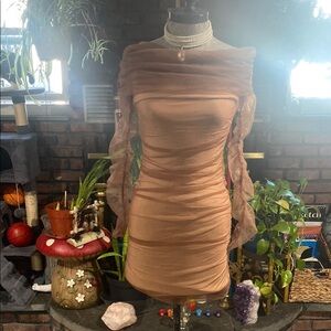 Tan Ruched Off-Shoulder Bodycon Midi Dress
